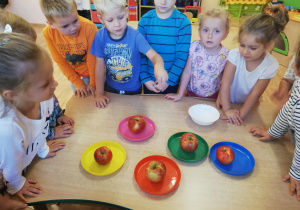 Dzieci patrzą na jabłka położone na różnokolorowych talerzykach