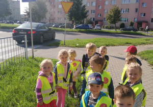 Przedszkolaki stoją pod znakiem sygnalizującym przejście dla pieszych