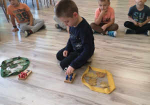 Chłopiec układał cztery klocki tyle samo co jest w zbiorze żółtym listków.