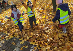 Dzieci podczas zabawy kolorowymi liśćmi