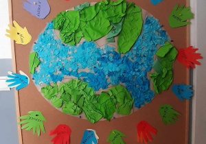 Praca wykonana przez dzieci ukazująca szczęśliwą Planetę Ziemię.