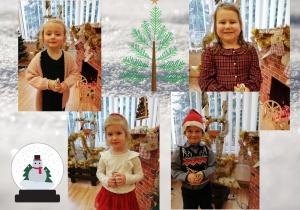 Czworo dzieci wyjmuje ze świątecznych skarpet słodkości pozostawione przez Mikołaja