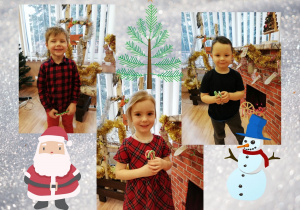 Troje dzieci wyjmuje ze świątecznych skarpet słodkości pozostawione przez Mikołaja