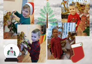 Czworo dzieci wyjmuje ze świątecznych skarpet słodkości pozostawione przez Mikołaja
