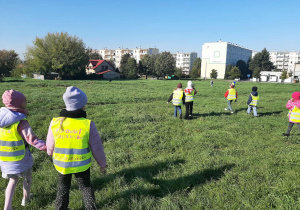 Dzieci szukają śmieci na terenie wokół przedszkola.