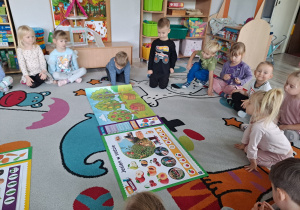 dzieci siedza na dywanie, na środku ilustracje sadu i ogrodu