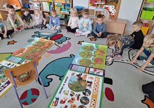 dzieci siedza na dywanie, na środku ilustracje sadu i ogrodu