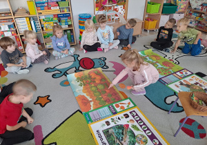 dzieci siedza na dywanie, na środku ilustracje sadu i ogrodu