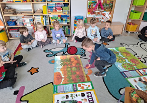 dzieci siedza na dywanie, na środku ilustracje sadu i ogrodu