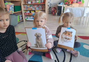 Dziewczynka trzyma grafikę psa, obok dziewczynka trzyma grafikę chomika