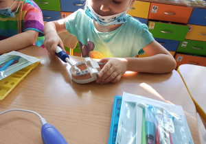 Dzieci podczas warsztatów edukacyjnych uczą się prawidłowego czyszczenia zębów