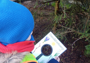 Chłopiec podczas spaceru obserwuje i poszukuje oznak wiosny