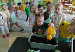 Dziewczynka podlewa nasiona