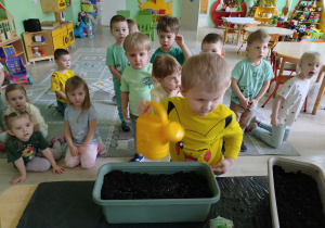 Chłopiec podlewa nasiona