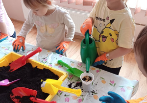 Dzieci podczas zajęć ogrodniczych podlewają zasiane rośliny, ucząc się systematyczności