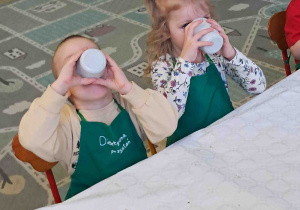 Dzieci piją przygotowany przez siebie koktajl owocowy