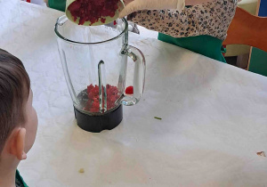 Dzieci wsypują owoce do blendera