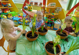 Dzieci sadzą kwiatki wiosenne