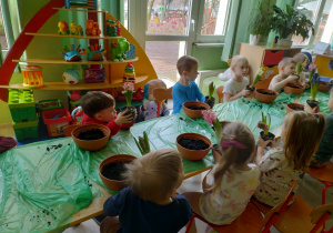 Dzieci wsypują ziemie do doniczek