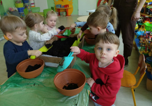 Dzieci wsypują ziemie do doniczek