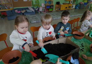Dzieci wsypują ziemie do doniczek