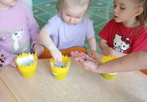 Dziewczynka w fioletowej koszulce sieje ziarenka