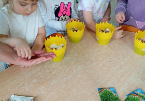 Dziewczynki w jasnych koszulkach sieją ziarenka