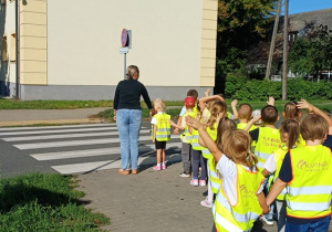 Przedszkolaki podczas spaceru obserwują drogę i najbliższe otoczenie