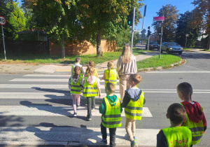 Dzieci prawidłowo przekraczają ulicę oznakowaną sygnalizatorem