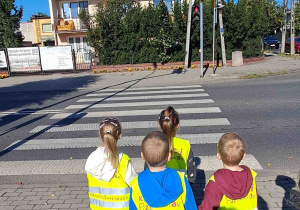 Dzieci stoją przed przejściem dla pieszych z sygnalizacją