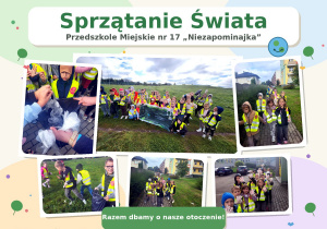 Kolorowy plakat przedstawiający przedszkolaki w kamizelkach odblaskowych podczas akcji „Sprzątanie Świata”