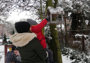 Dzieci sypią ziarenka do karmnika dla ptaków